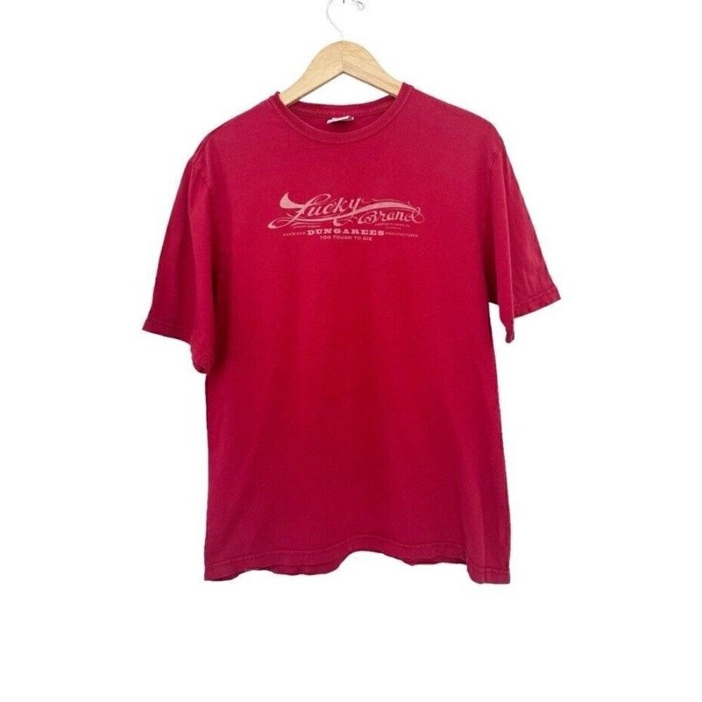 Lucky Brand Men's Sz L Large Red Short Sleeve Logo Crew Neck Tee Shirt USA